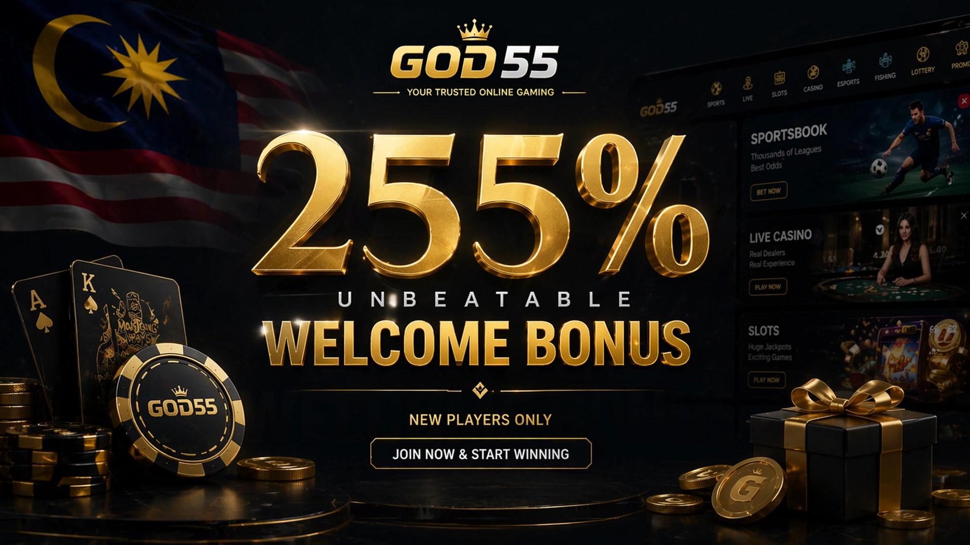 255% welcome bonus GOD55 Malaysia with gold elements and casino theme.