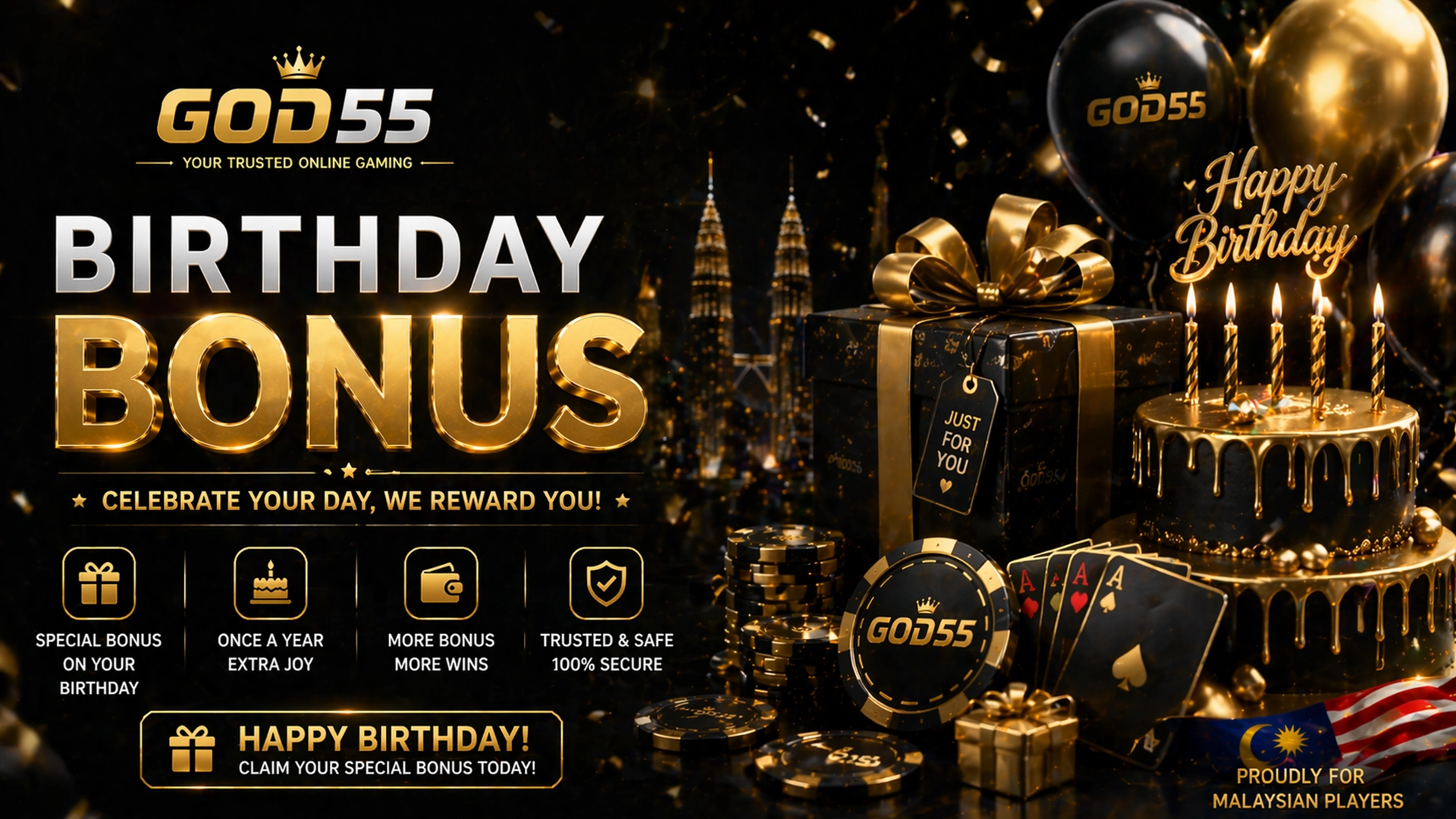 GOD55 birthday bonus Malaysia banner with premium dark casino design, gold elements and celebration theme.