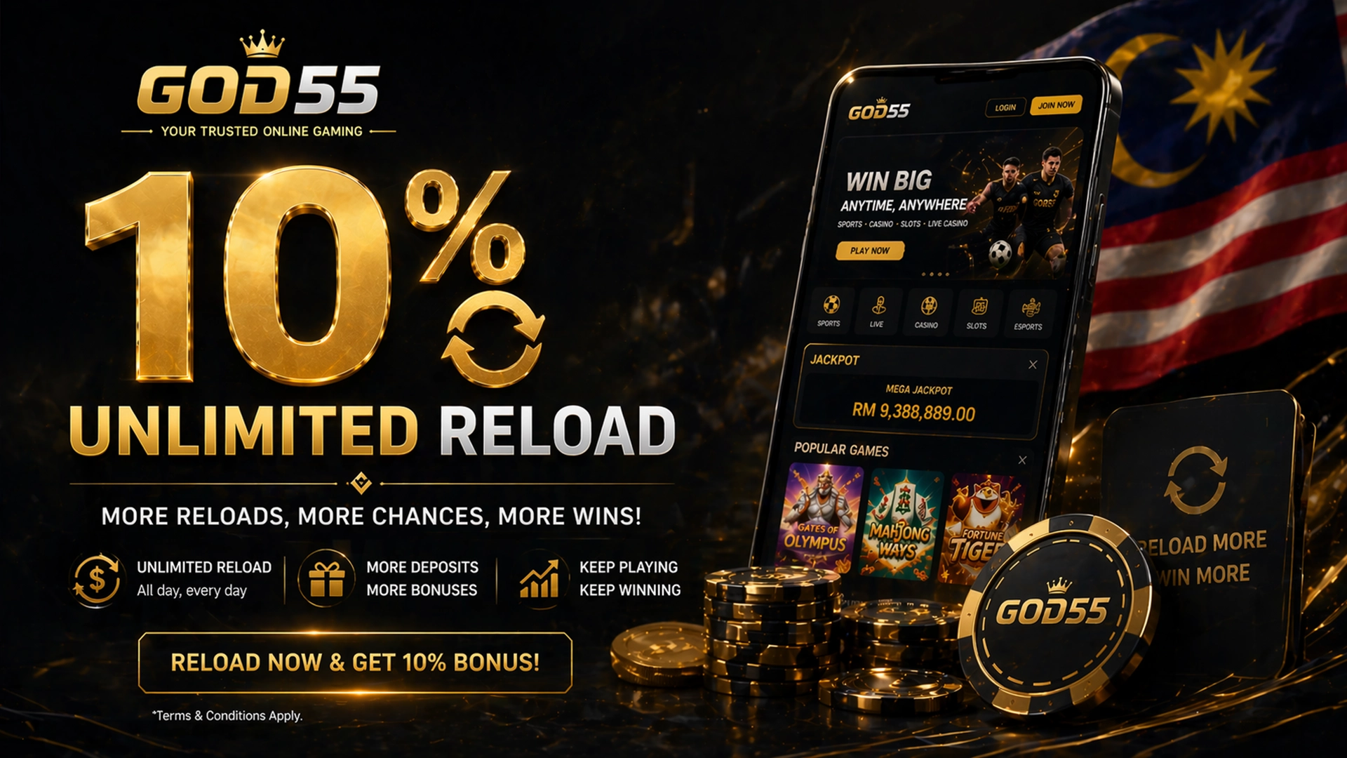 GOD55 10 percent unlimited reload bonus Malaysia.