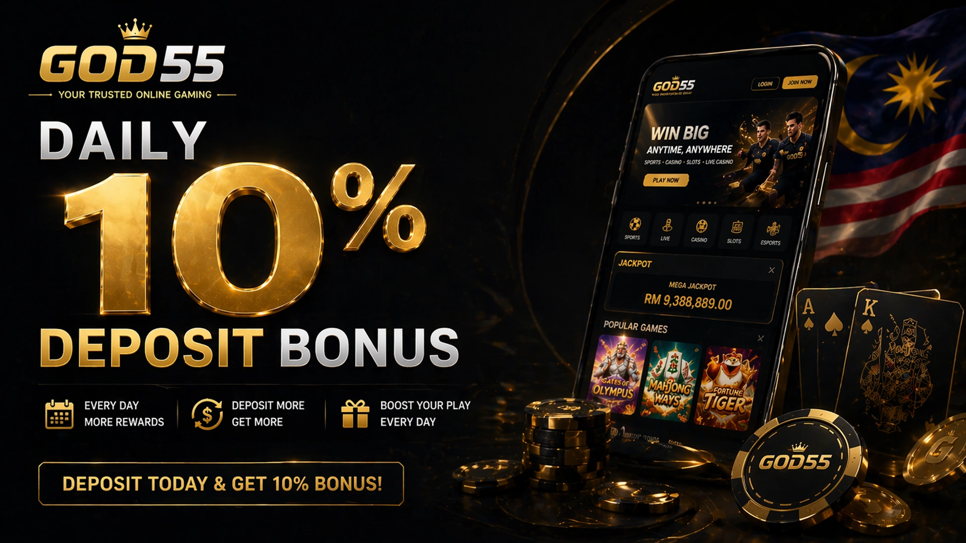 GOD55 daily 10 percent deposit bonus Malaysia banner with dark premium casino design and gold elements.