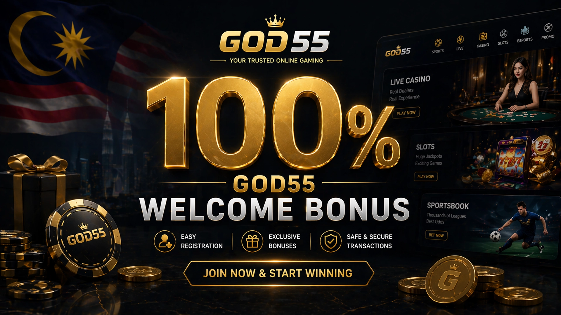 GOD55 100 percent welcome bonus Malaysia banner with dark premium casino design and gold elements.