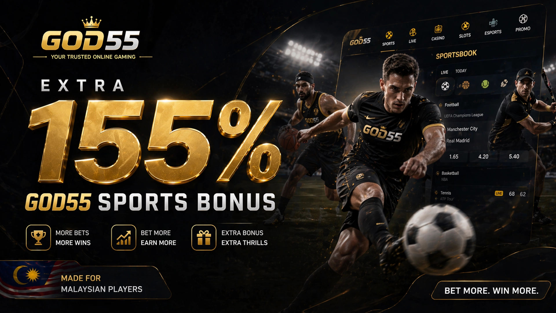 GOD55 extra 155 percent sports bonus Malaysia banner with football player and premium dark sportsbook design.