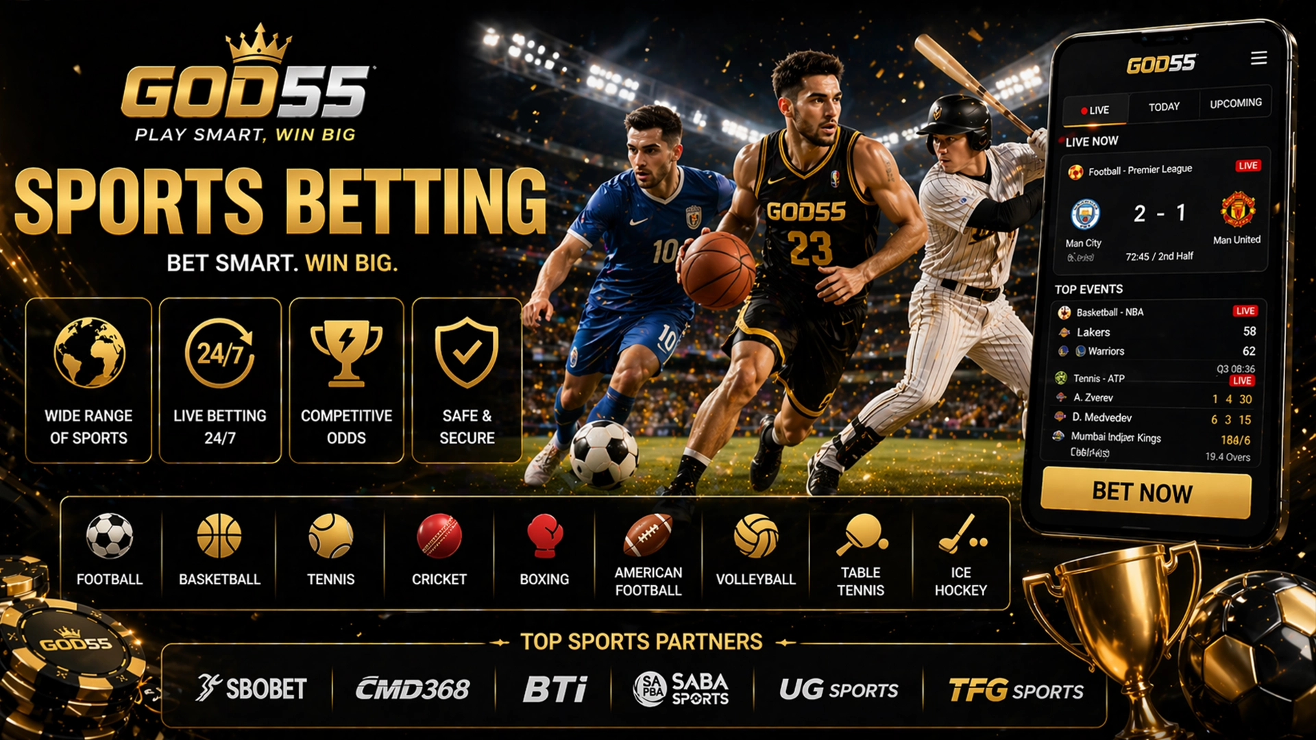 GOD55 sports betting banner with athletes, odds interface, and sports icons