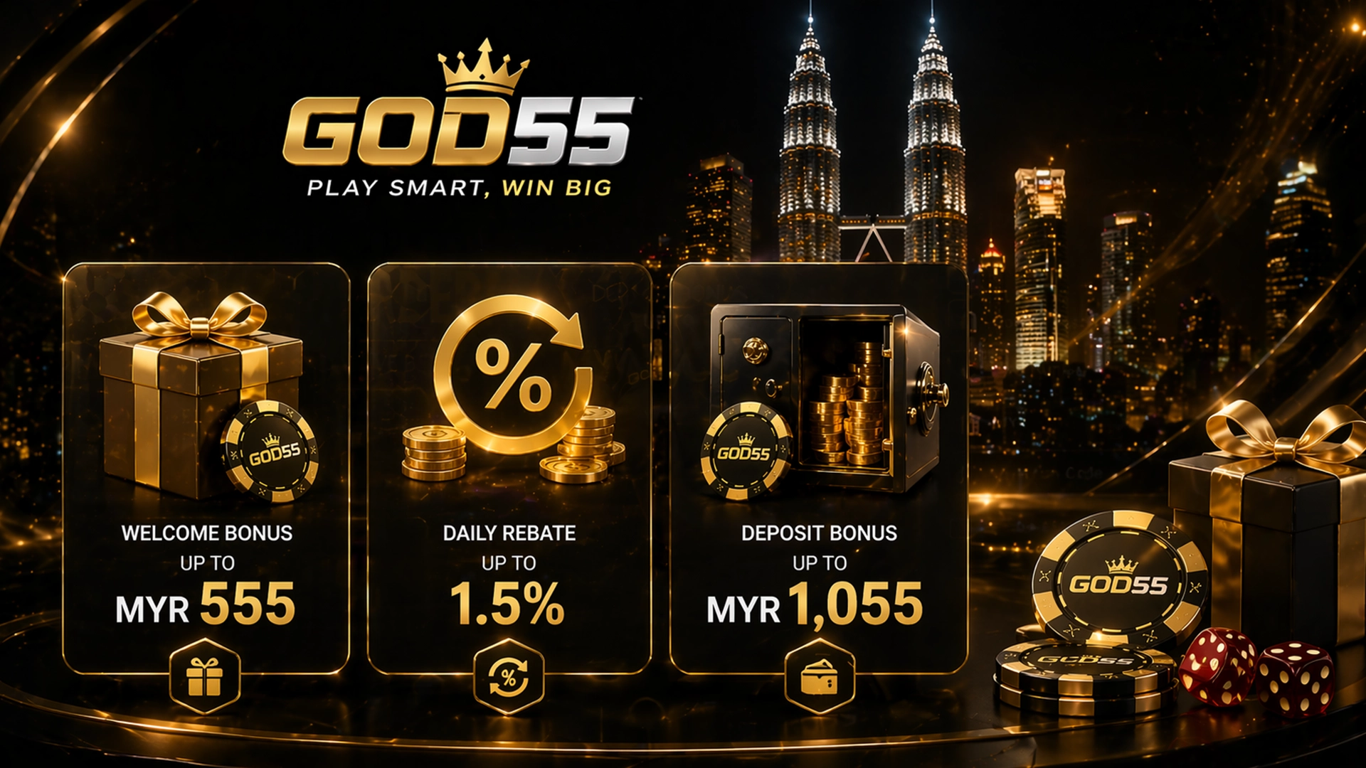 GOD55 bonus page banner for Malaysia with premium black-and-gold casino design, bonus cards and Kuala Lumpur skyline in the background.