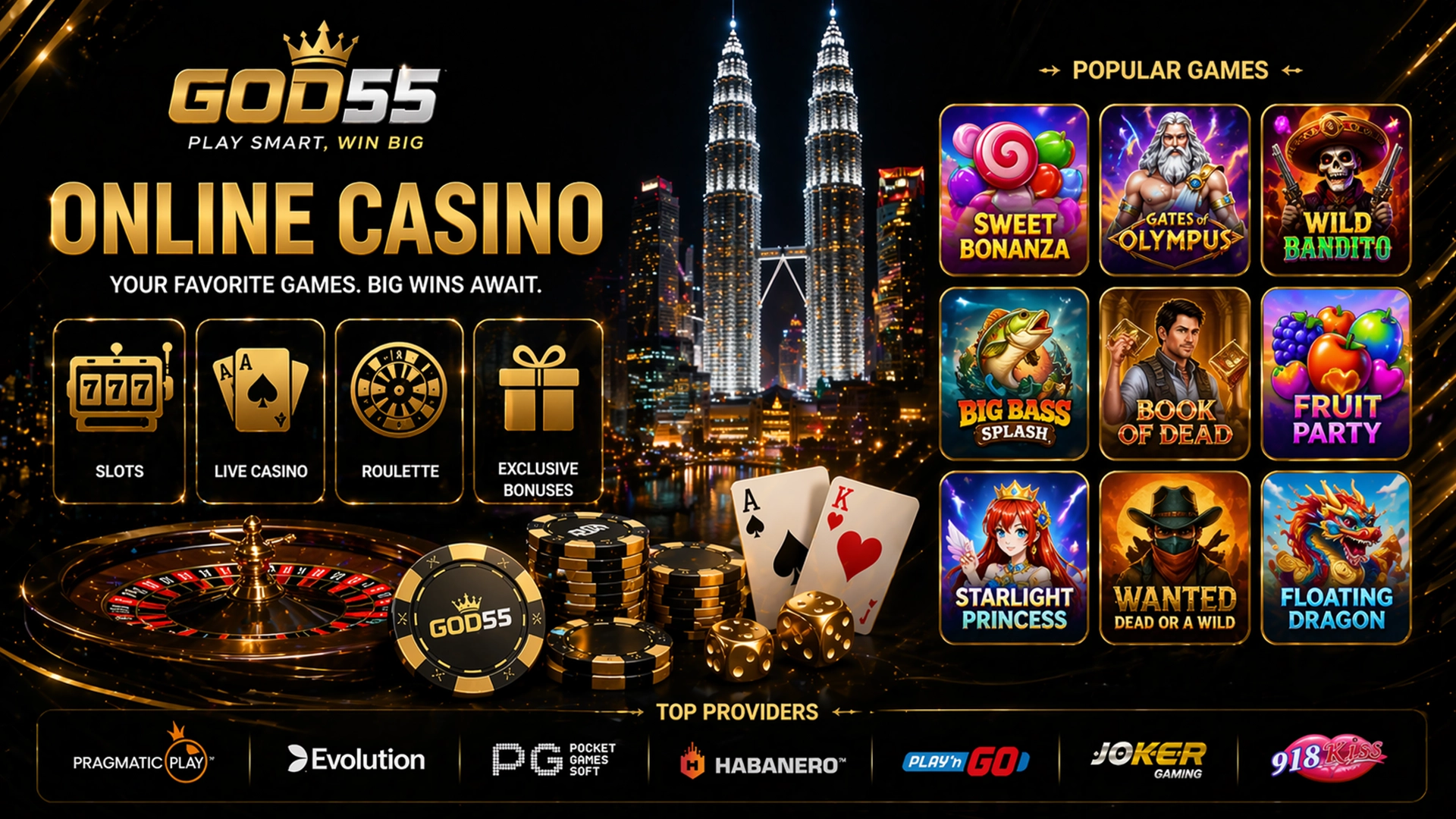 GOD55 casino banner with game icons, roulette, cards, chips, and provider logos.