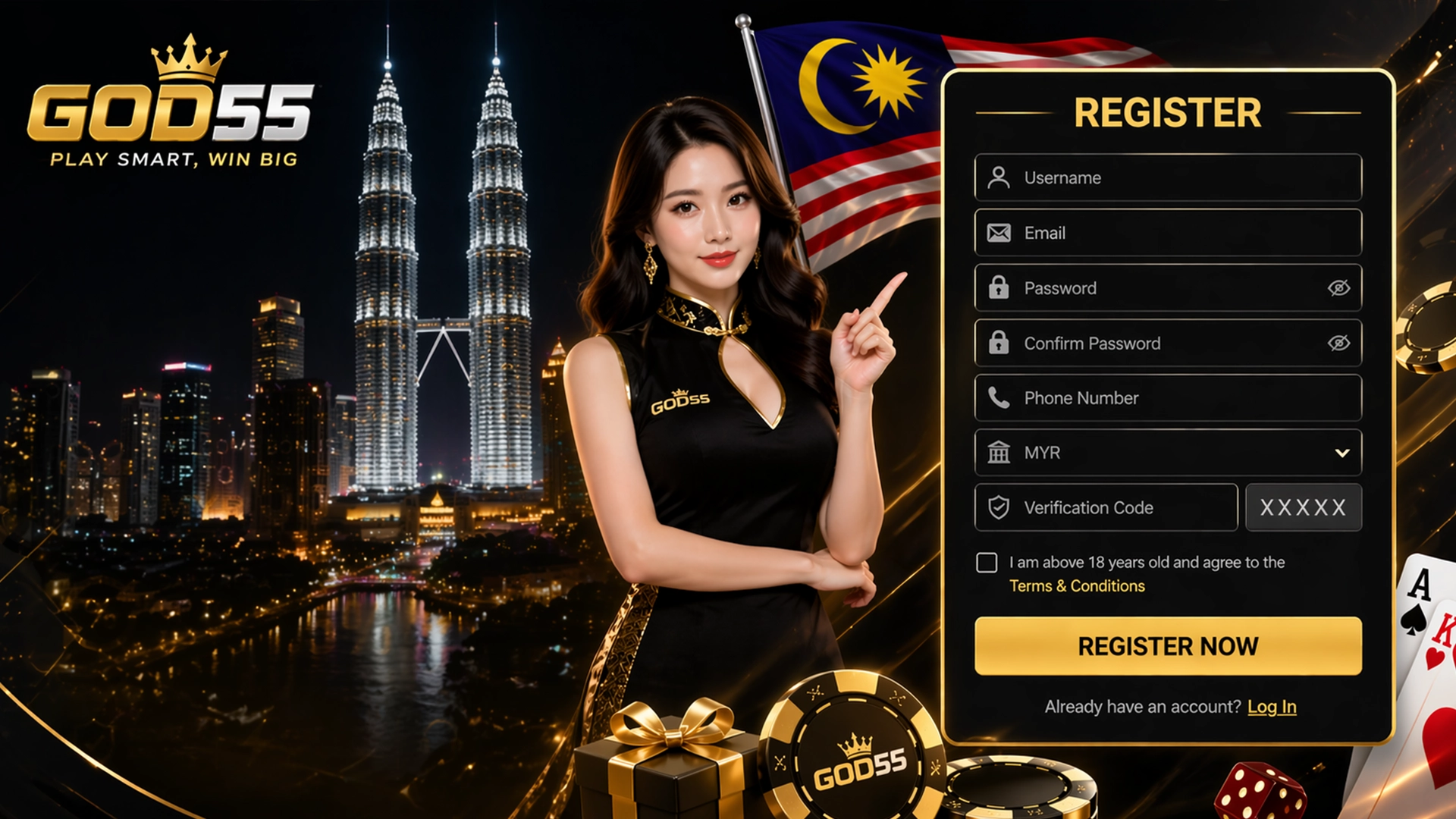 GOD55 registration banner with signup form and casino elements.