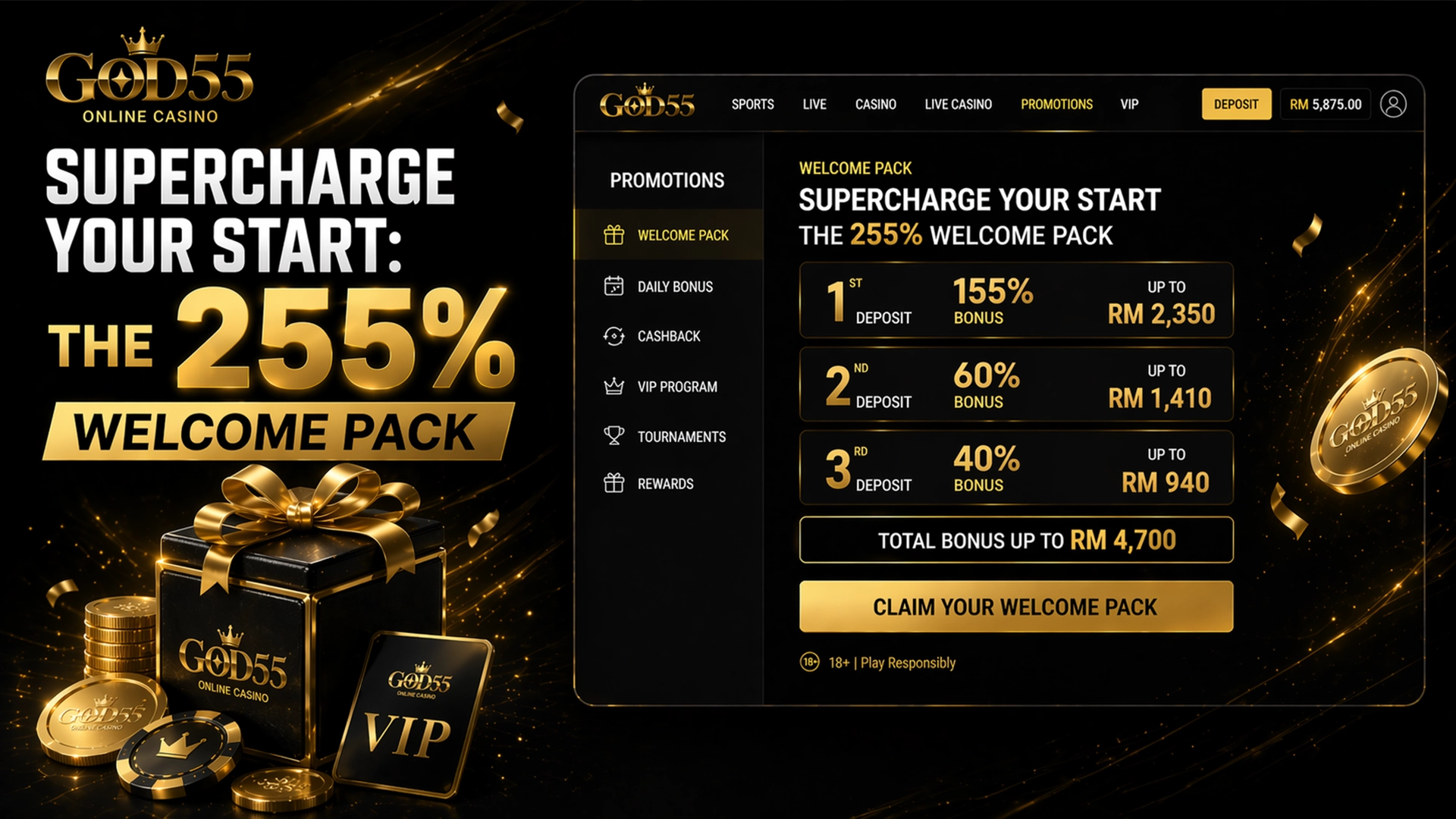 OD55 Malaysia welcome bonus banner with 255% welcome pack.