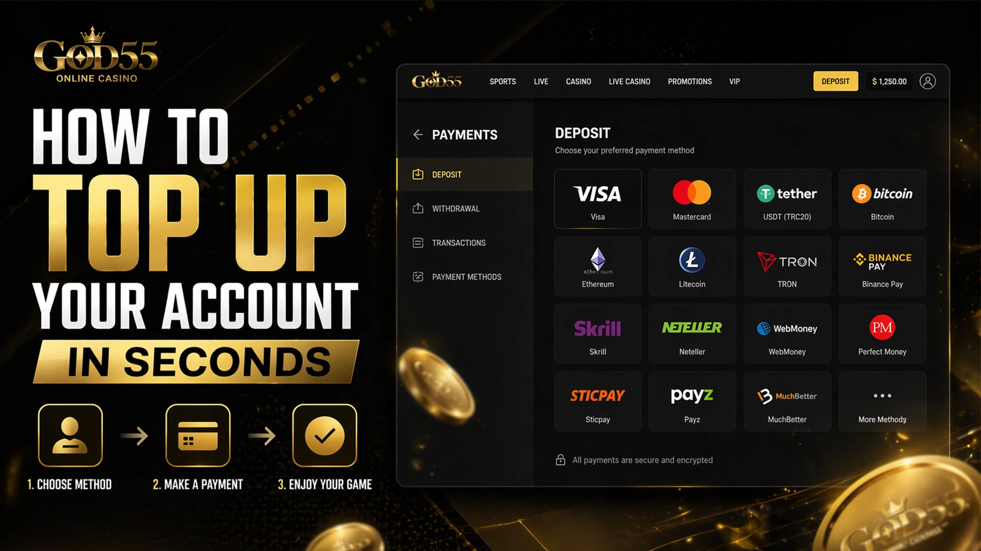 GOD55 payments interface showing deposit methods and step-by-step top-up process.