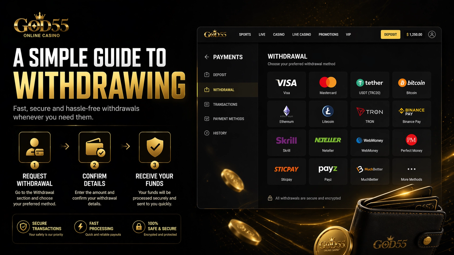 GOD55 withdrawal interface showing payout methods and step-by-step withdrawal process.